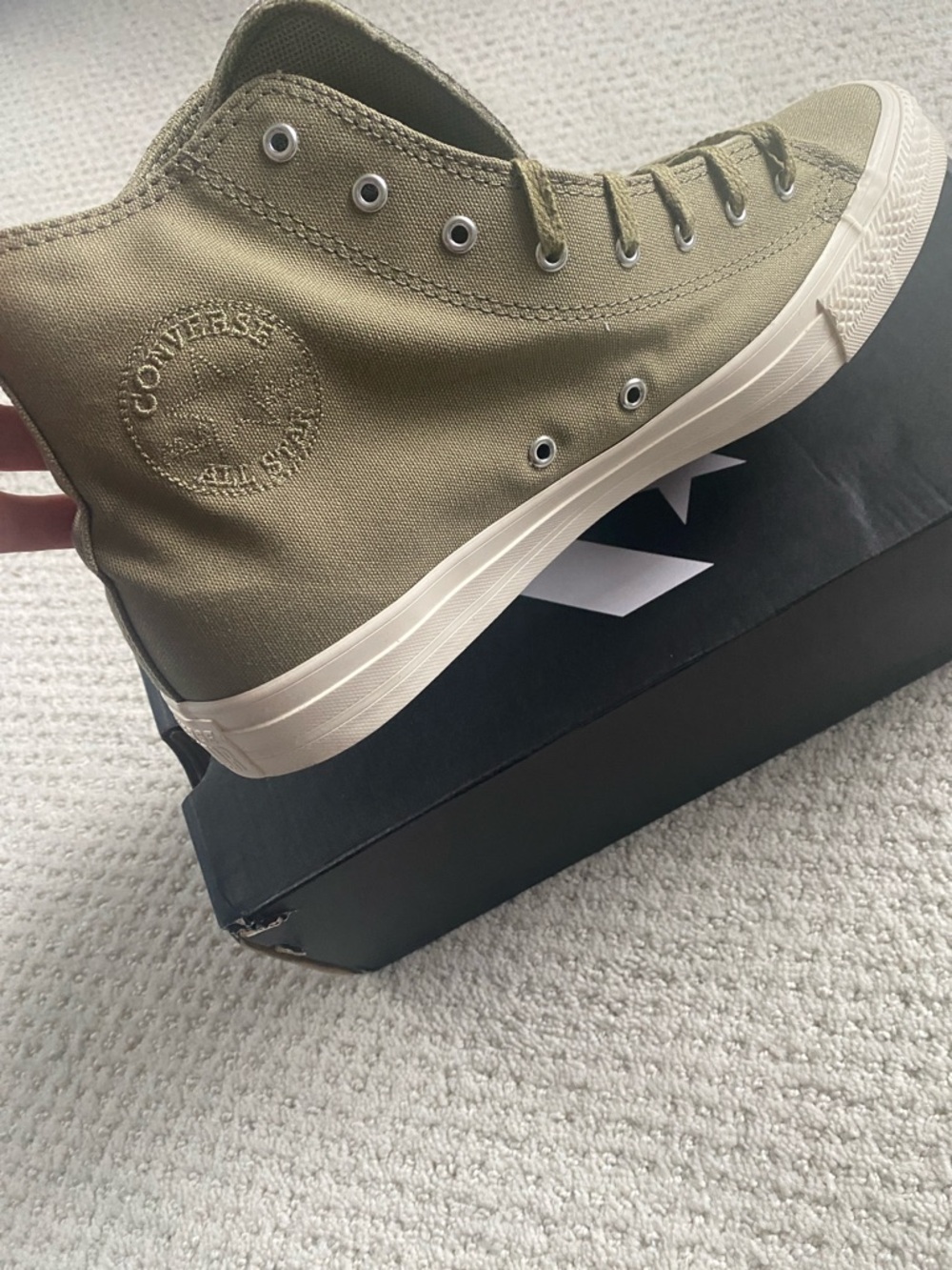 New in box Converse High Top Sneakers in Olive Canvas, size men’s 9/women’s 11